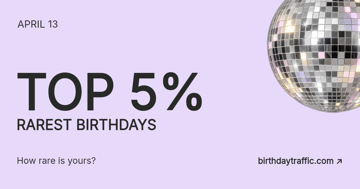 April 13. Top 5% rarest birthdays. How rare is yours? Birthday Traffic.