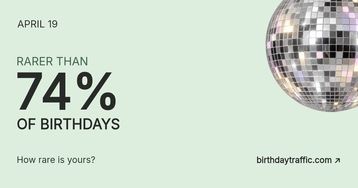 April 19. Rarer than 74% of birthdays. How rare is yours? Birthday Traffic.