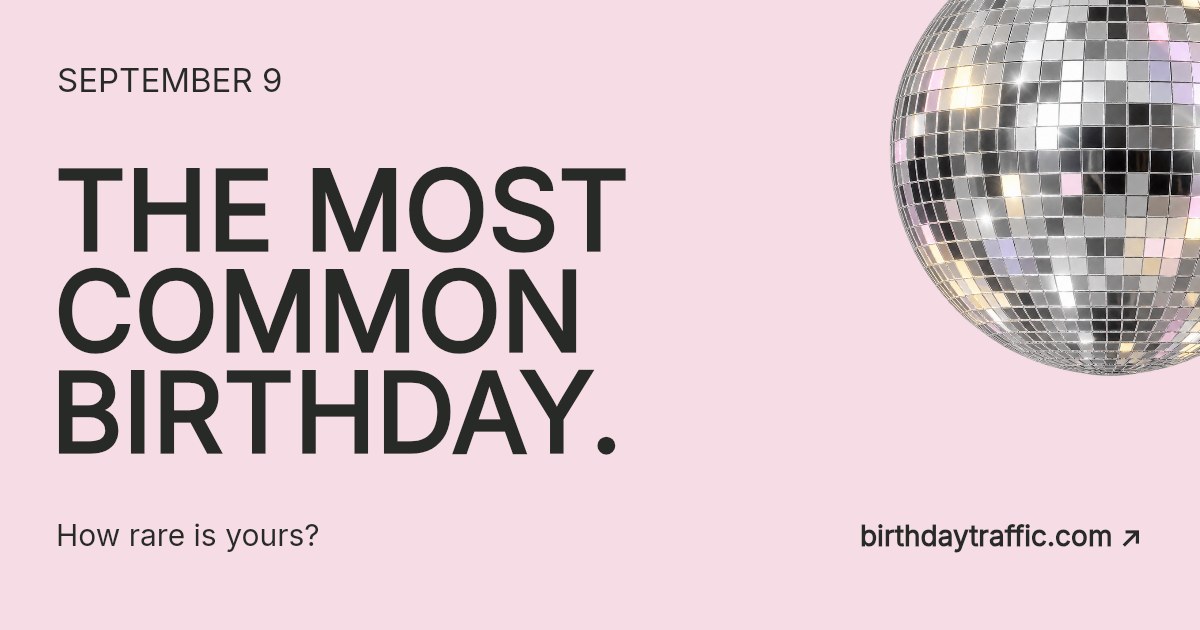 September 9. The most common birthday. How rare is yours? Birthday Traffic.