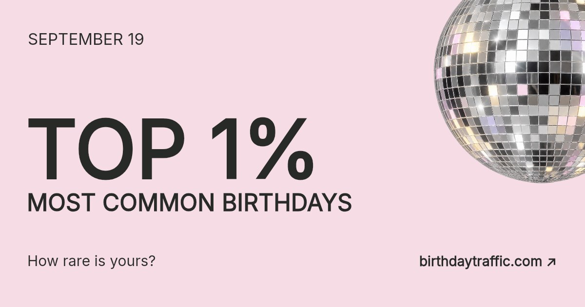 September 19. Top 1% most common birthdays. How rare is yours? Birthday Traffic.